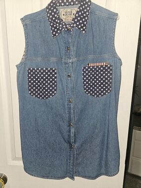 Women's Blue Denim Star-Print Sleeveless Tank